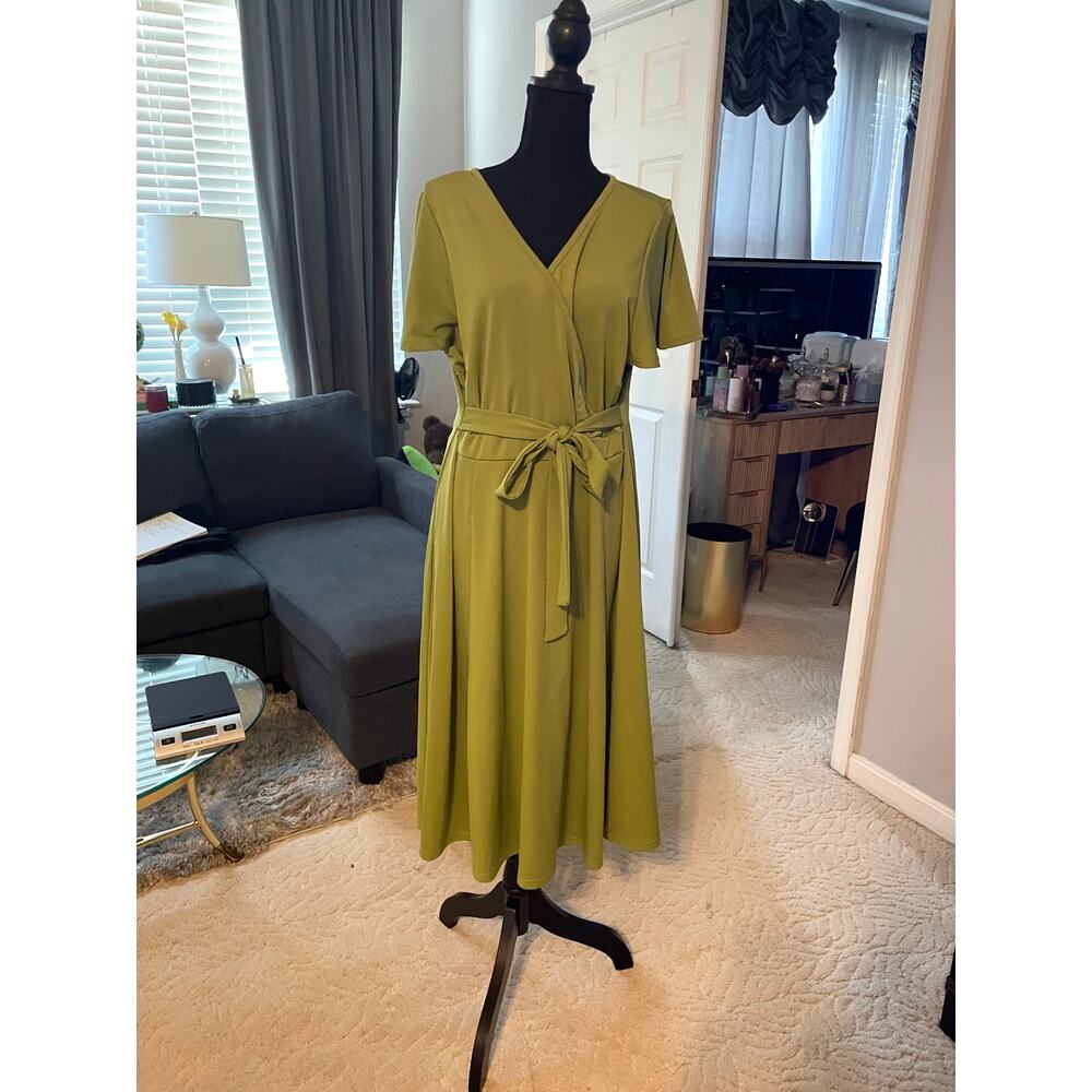 Spring Green Faux Wrap Knee-Length Dress XL Tie Waist Flutter Sleeve - Picture 2 of 4